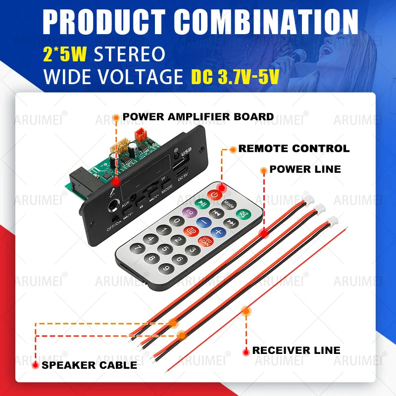 10W Amplifier Bluetooth DIY MP3 Decoder Board 5W DC 5V Music Player Car FM Radio Module TF USB Record Handsfree Call Microphone