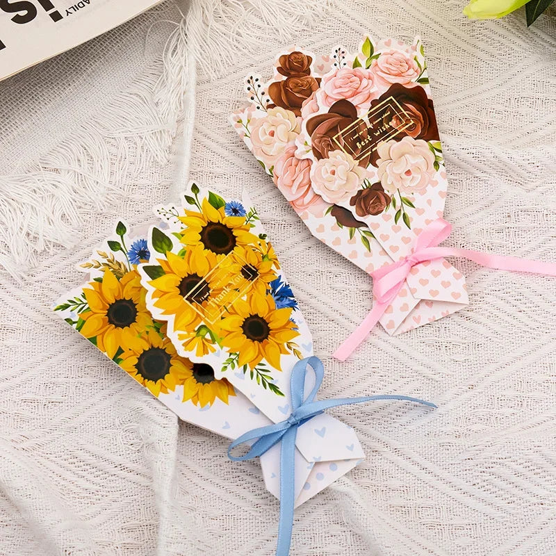 1pcs 3D Bouquet Greeting Card Bow Foil Valentine's Day Christmas Blessing Thank You Gift Message Thanksgiving Greeting Card