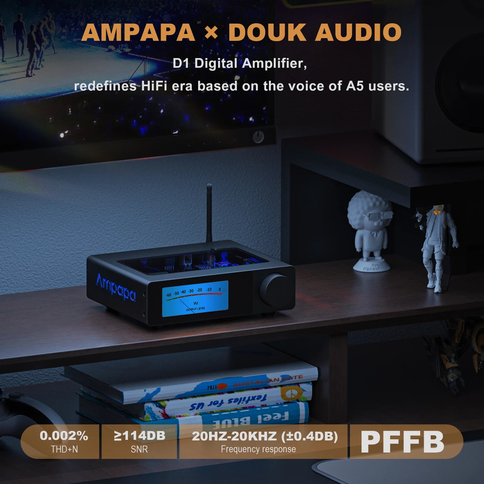 D1 Blueooth 5.2 Stereo Amplifier with Digital VU Meters & High-Pass Filter HiFi Home Power Amp with Treble & Bass Control