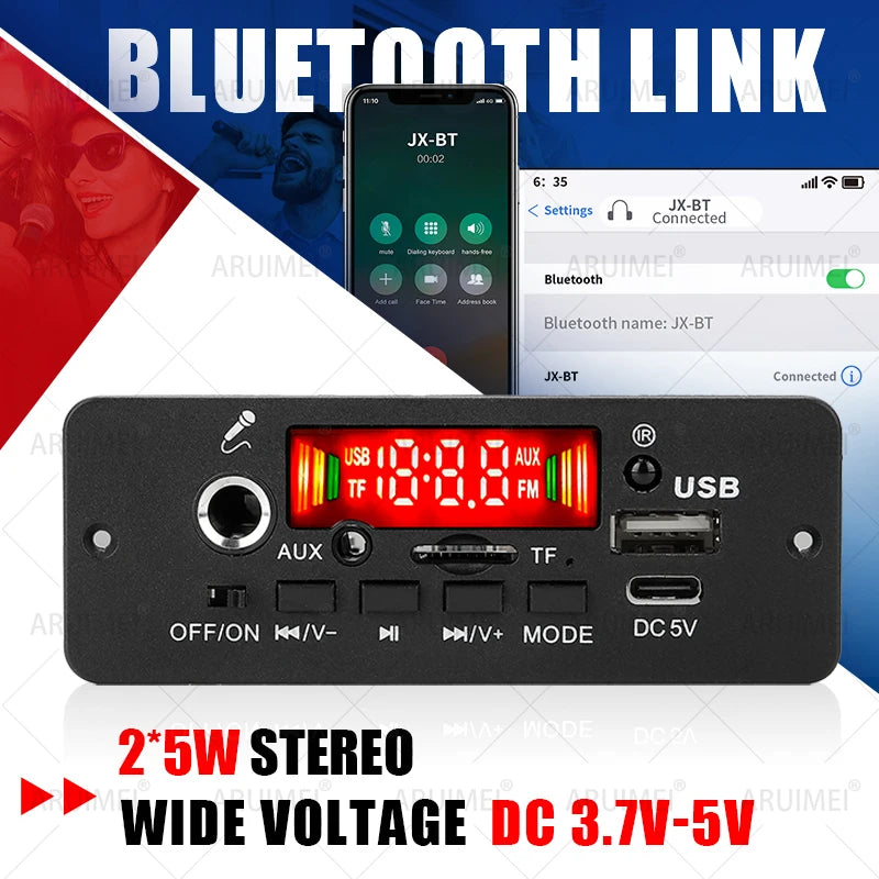 10W Amplifier Bluetooth DIY MP3 Decoder Board 5W DC 5V Music Player Car FM Radio Module TF USB Record Handsfree Call Microphone