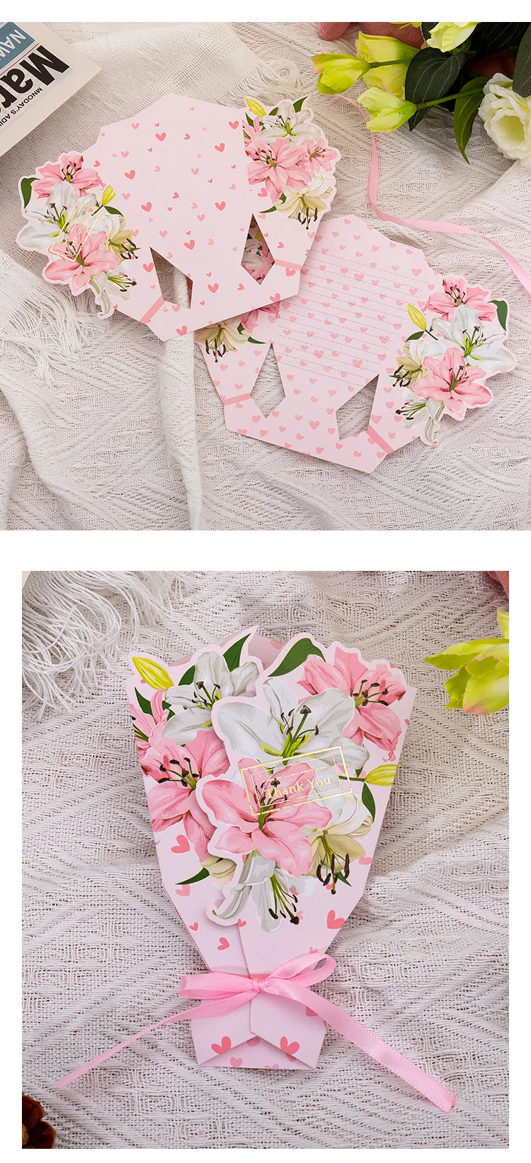 1pcs 3D Bouquet Greeting Card Bow Foil Valentine's Day Christmas Blessing Thank You Gift Message Thanksgiving Greeting Card