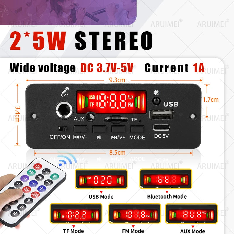 10W Amplifier Bluetooth DIY MP3 Decoder Board 5W DC 5V Music Player Car FM Radio Module TF USB Record Handsfree Call Microphone