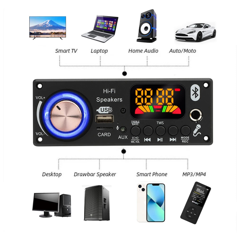 200W Amplifier Bluetooth 5.3 DIY MP3 WAV Decoder Board DC 12V 50W 100W Wireless Car USB MP3 Player TF Card Slot USB FM with Mic