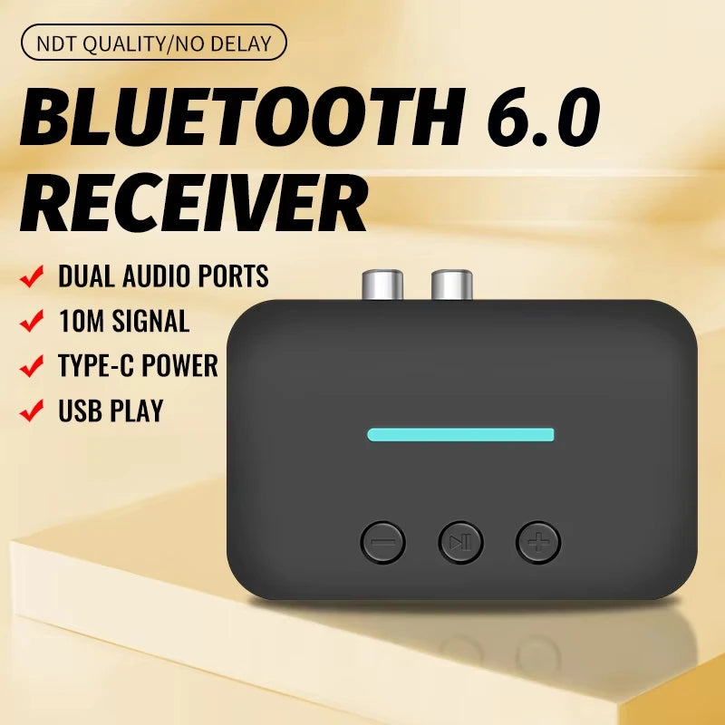 Bluetooth 6.0 Audio Receiver 3.5mm AUX RCA Wireless Audio Adapter Support U-Disk Playback For PC/TV/Car Kit/ Speaker Amplifier