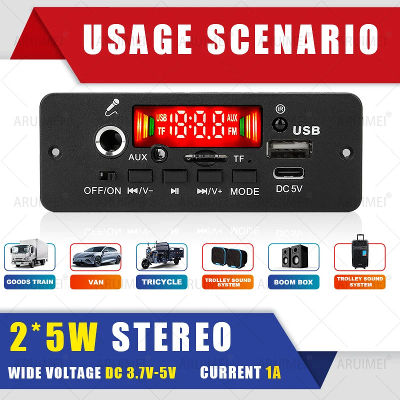 10W Amplifier Bluetooth DIY MP3 Decoder Board 5W DC 5V Music Player Car FM Radio Module TF USB Record Handsfree Call Microphone
