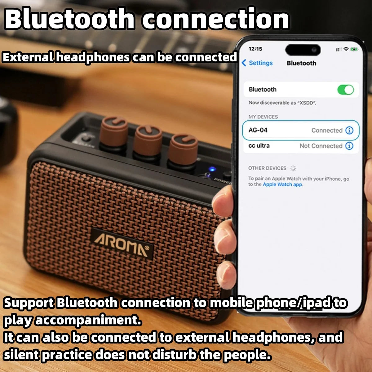 Aroma AG-04 Guitar Amplifier 5W Output Dual Speaker w/BT Wireless /Rechargeable Battery/Headphone Aux Jack Guitar Amp