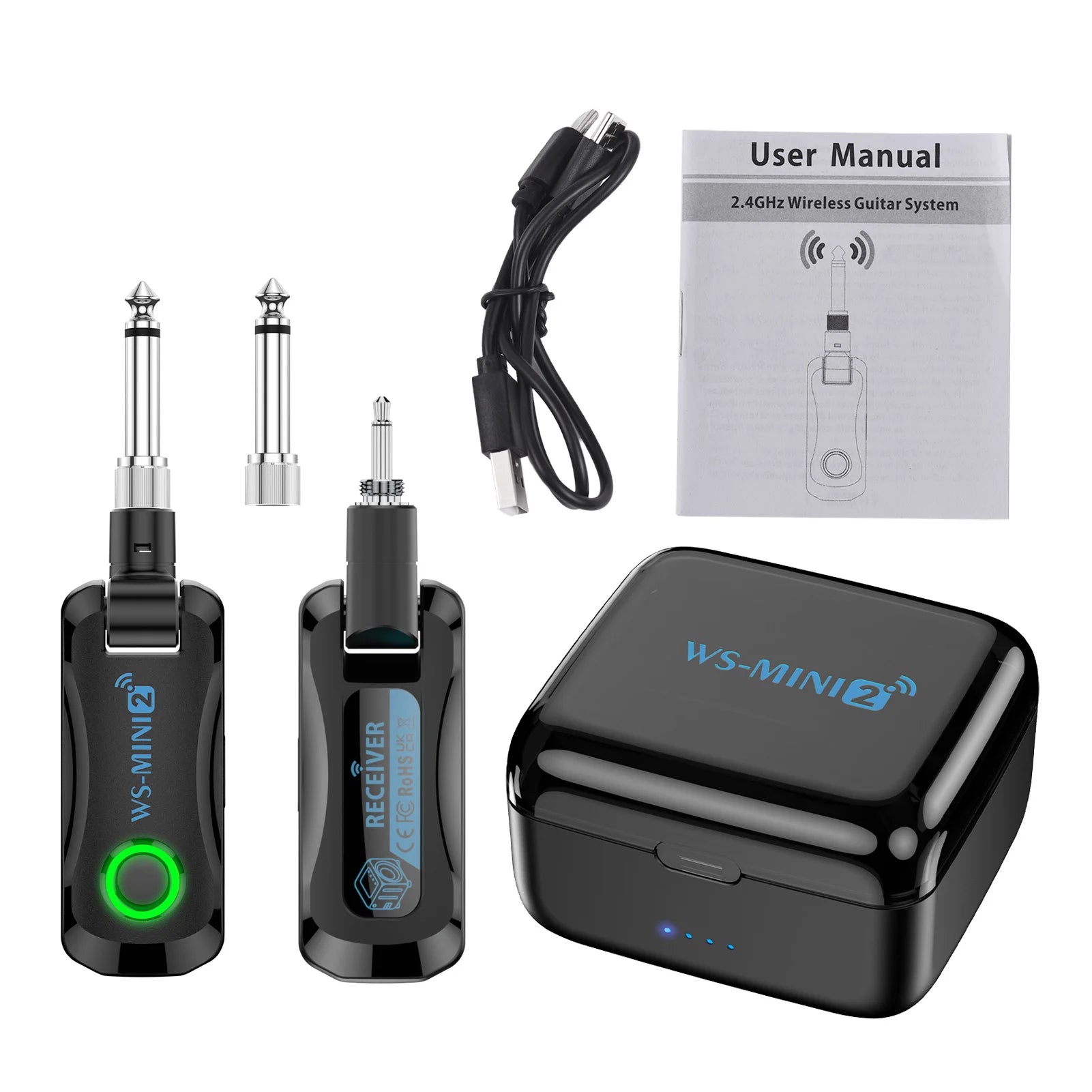 2.4G Wireless Guitar System Rechargeable Portable Transmitter Receiver Set with Charging Compartment Audio System 4 Channel