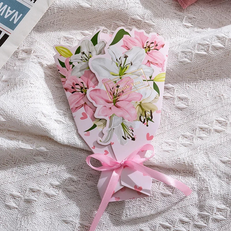 1pcs 3D Bouquet Greeting Card Bow Foil Valentine's Day Christmas Blessing Thank You Gift Message Thanksgiving Greeting Card