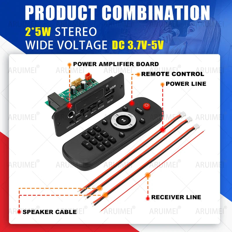 10W Amplifier Bluetooth DIY MP3 Decoder Board 5W DC 5V Music Player Car FM Radio Module TF USB Record Handsfree Call Microphone