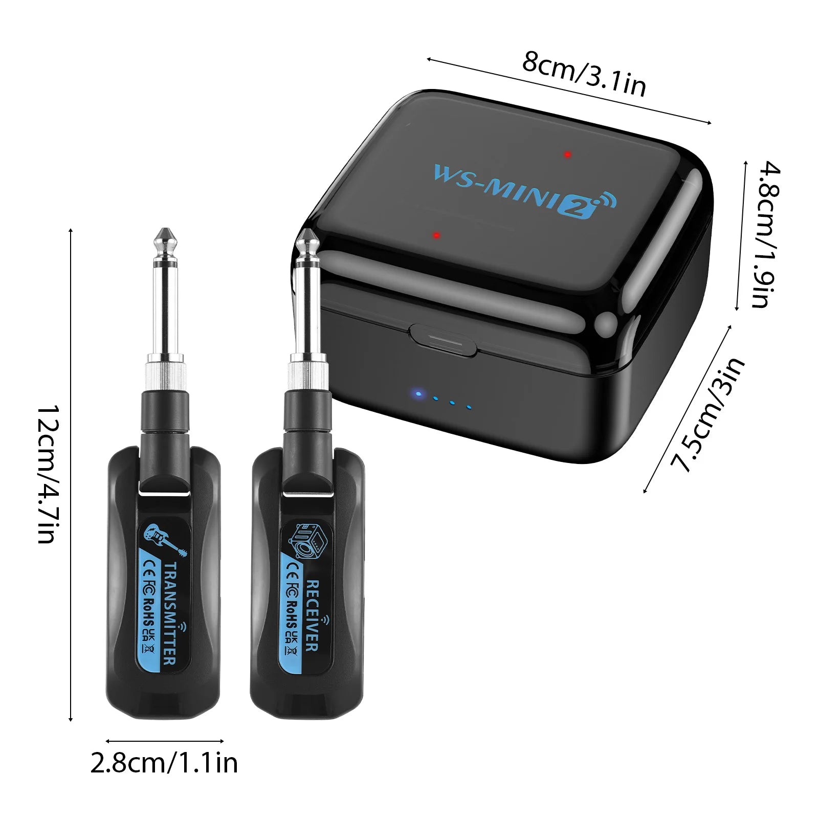 2.4G Wireless Guitar System Rechargeable Portable Transmitter Receiver Set with Charging Compartment Audio System 4 Channel